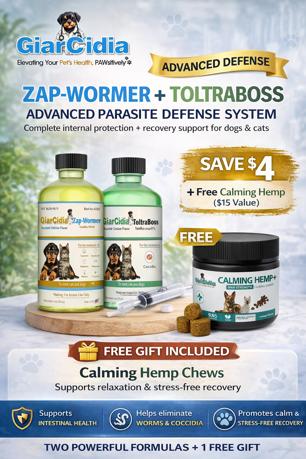 GiarCidia Zap-Wormer + ToltraBoss Bundle + Free Calming Chews